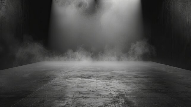 An abstract depiction of a dark room with a concrete floor, serving as a black stage or room background, ideal for product placement, accompanied by a panoramic view of white mist, fog, or smog