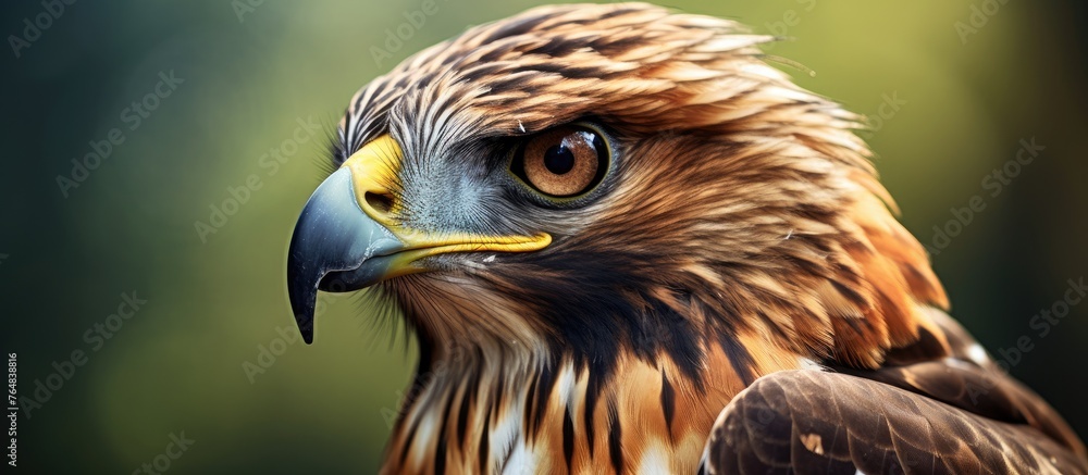 Poster detailed view of the head of a majestic hawk, showcasing its sharp beak, focused eyes, and distincti