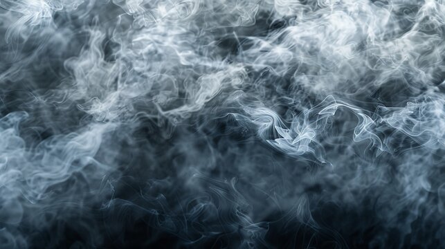 Another panoramic view of abstract fog with white mist or smog against a black background, forming swirling gray smoke for mockups or banners