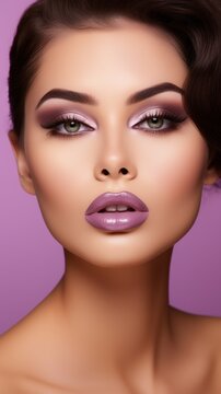 A woman with purple lips and green eyes is the main focus of the image