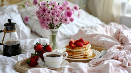A romantic breakfast in bed, featuring fluffy pancakes topped with maple syrup and fresh 