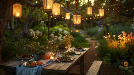 Fototapeta na wymiar A romantic outdoor dinner, set in a vegetable garden at twilight. The table is adorned with dishes