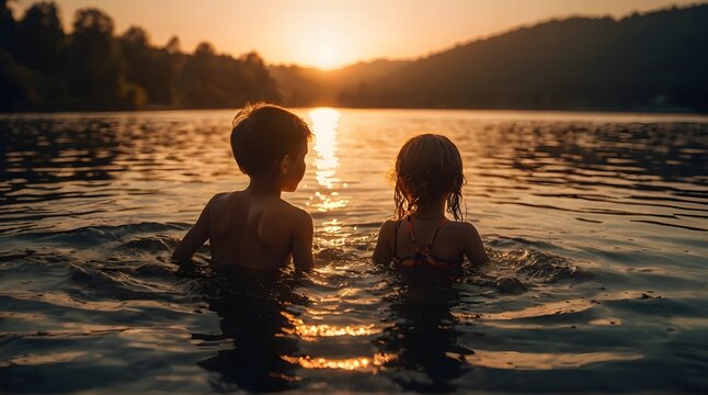 Capturing Moments: Children's Lakeside Adventures at Dusk: Kids Walking by the Lake at Sunset _ai