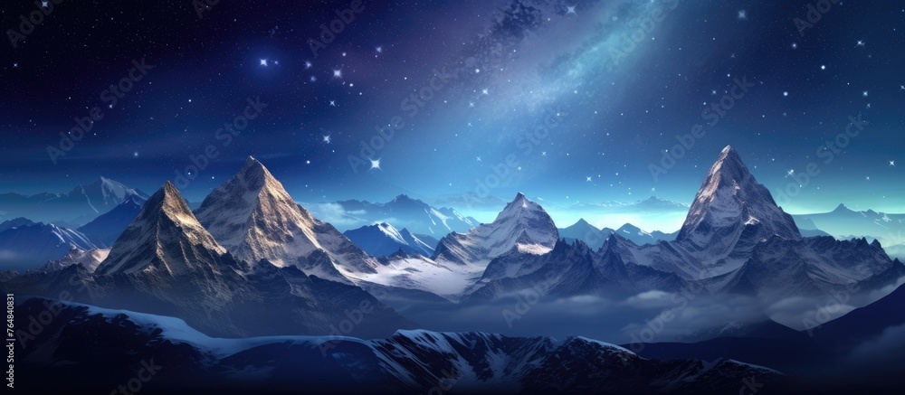 Sticker A stunning mountain range is depicted under a beautifully clear and starry night sky, creating a serene and breathtaking scene