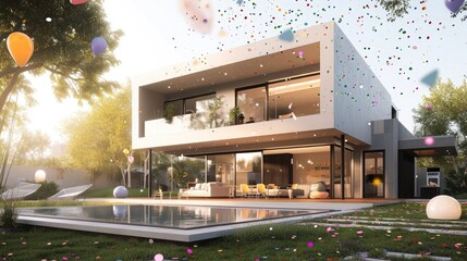 Celebration as confetti and balloons grace a modern luxury home, side, front, and backyard view.