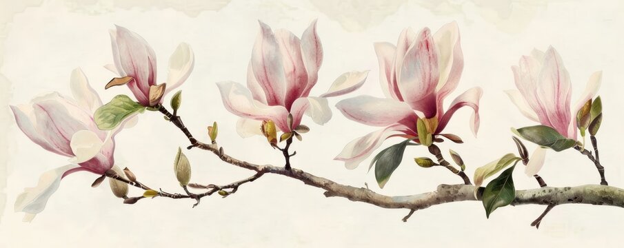 Old-world illustration of a magnolia tree in bloom, timeless elegance of a botanical garden