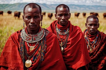 Maasai tribe of kenya east africa dressed in traditional bright red clothing wearing jewellery,...