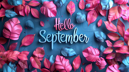 Hello September. Vibrant Autumn Leaves Typography on Cool Blue Background.