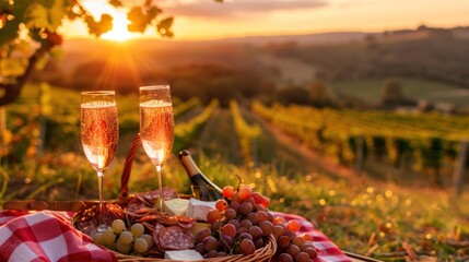 A romantic sunset picnic overlooking a vineyard, with a wicker basket open to reveal a bottle 