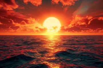 sunset over the sea with the big red sun in the center 