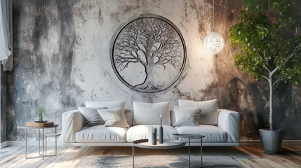 Foto op Canvas captivating visual featuring a tree mandala on a cool-toned wall, with a modern sofa adding a touch of sophistication. © Rustam
