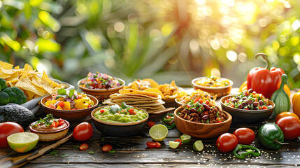 mouth-watering assortment of Mexican dishes on a wooden table. Bowls of guacamole, salsa, tacos, burritos, enchiladas and traditional Mexican dishes are arranged in a vibrant and inviting display - obrazy, fototapety, plakaty