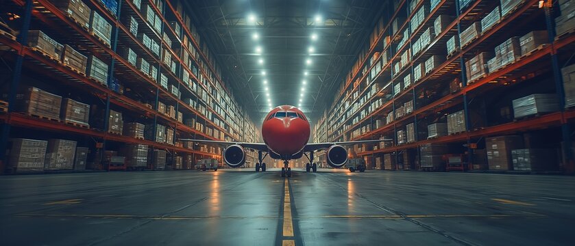 big airplane in warehouse full with cargos and parcels, Generative Ai
