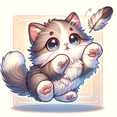 可愛くて面白いポーズをとった、モフモフ感がたまらない猫。A fluffy cat in a cute and funny pose.
