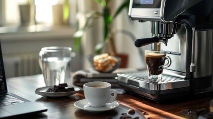 A sophisticated home office setup, featuring a sleek, modern espresso machine pouring a rich, aromatic shot of espresso into a small, elegant cup. 