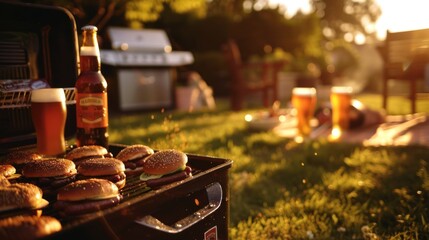 A summer backyard barbecue, where friends gather around a grill cooking burgers and hot dogs, each...
