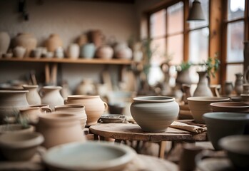 Obraz na płótnie Canvas Blurred image of a rustic pottery studio, generative AI