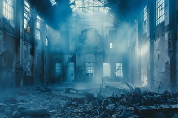 Abandoned and Decaying Warehouse Interior in Muted Blue Tones with Rubble and Mist - obrazy, fototapety, plakaty
