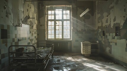 Close-up View of Abandoned and Decrepit Hospital Room with Shadowy Corners and Flickering Lights - obrazy, fototapety, plakaty
