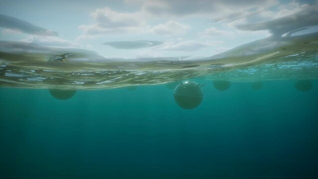 Mines float on the waves in the ocean