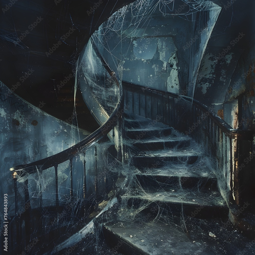 Canvas Prints Eerie Spiral Staircase in Abandoned Haunted Hospital with Ominous Whispers and Cobwebs