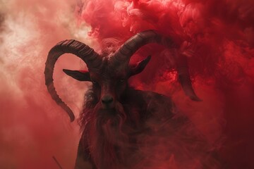 Demonic Goat God in Hellfire - Imposing Horned Creature with Dark Aura and Red Smoke - obrazy, fototapety, plakaty