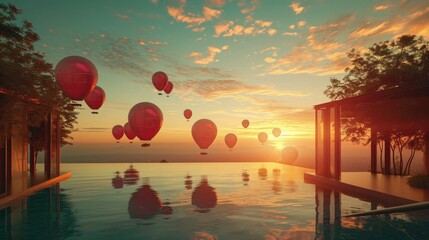 Balloons rise against the setting sun, casting reflections on the water, enhancing the ambiance of a high-end pool.