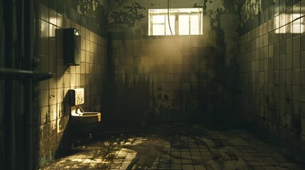 Haunting Shadows in an Abandoned Hospital Room,Overtaken by Time and Neglect - obrazy, fototapety, plakaty