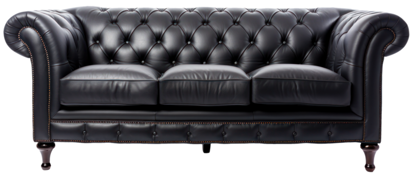 Black sofa in frontal view with transparent background