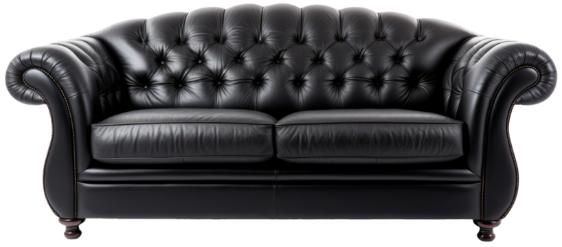 Black sofa in frontal view with transparent background