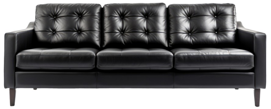 Black sofa in frontal view with transparent background