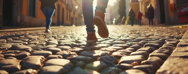 Man legs walking on the stone street in sunny backlight.
