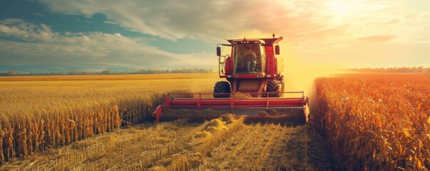 Modern combine or harvester in sunny backlight on gold field.