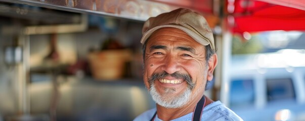 Happy mexican man in hat working in food truck.