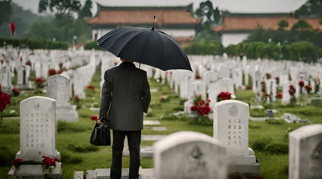 Man standing with umbrella at Chinese tomb, Ching Ming festival concept