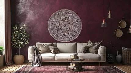 Schilderijen op glas an intricate mandala on a rich plum wall, enhancing the aesthetic appeal with a cozy sofa. © Rustam