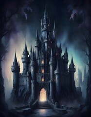 Silhouetted Gothic Castle with Ominous Glow in Dark Sky, Generative AI - obrazy, fototapety, plakaty