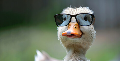 A duck wearing sunglasses and a hat. The duck is wearing sunglasses and a hat, giving it a cool and stylish appearance. stylish funny duck wit. funny animals card. a positive mood