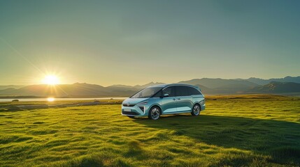  A light blue electric MPV is elegantly parked on a vast green grassland