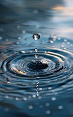 A drop of water drops on the water, 3 circles of water ripples, no splash