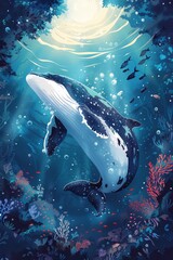 illustration of whales and sealife in marine blue underwater sea world
