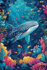 illustration of whales and sealife in marine blue underwater sea world