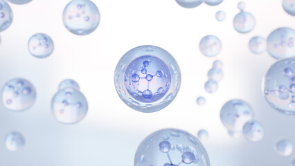3D rendering Cosmetics Blue Serum bubbles on defocus background. Collagen bubbles Design. Molecule inside a liquid bubble. Essence Ball Molecules. 