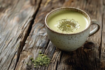 green herbal infusion on a mug on a wooden table - obrazy, fototapety, plakaty