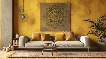 an intricate flowering mandala on a rich mustard wall, accentuated by a modern sofa in the frame.