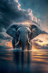 elephant crossing the river at sunset created with Generative AI technology