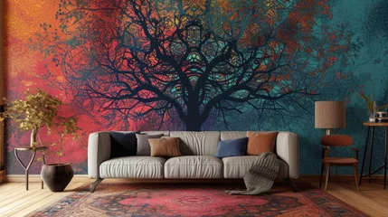 Poster an immersive visual experience with a tree mandala pattern on a vibrant solid wall background, featuring a chic sofa. © Rustam