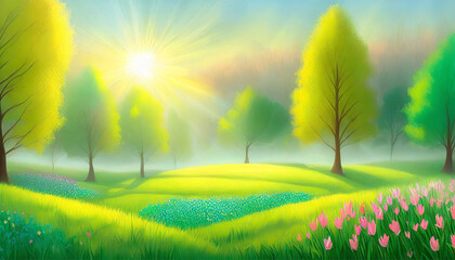 Beautiful summer landscape with flowers, grass and sun