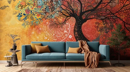 Sierkussen an immersive visual experience with a tree mandala pattern on a vibrant solid wall background, featuring a chic sofa. © Rustam