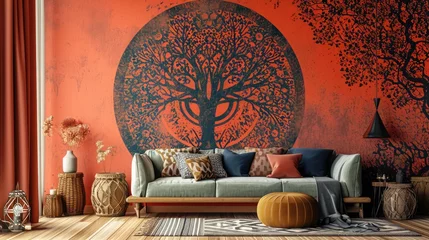 Rolgordijnen an immersive visual experience with a tree mandala pattern on a vibrant solid wall background, featuring a chic sofa. © Rustam
